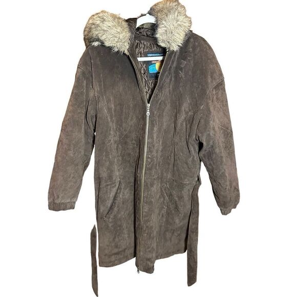 WILSONS ADVENTURE BOUND Suede Leather Coat Fur Trim Hood Sz L Womens